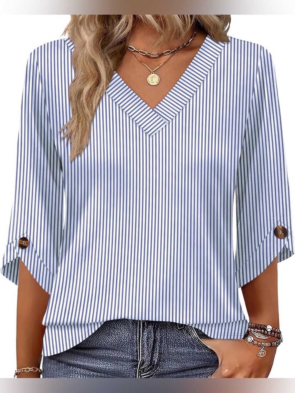 Women's Blue & White Striped V-Neck Roll-Tab Sleeve Blouse